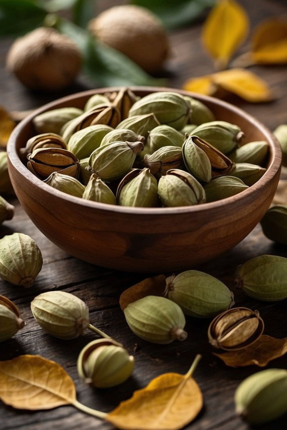 A bowl of cardamom on a wooden table. 

