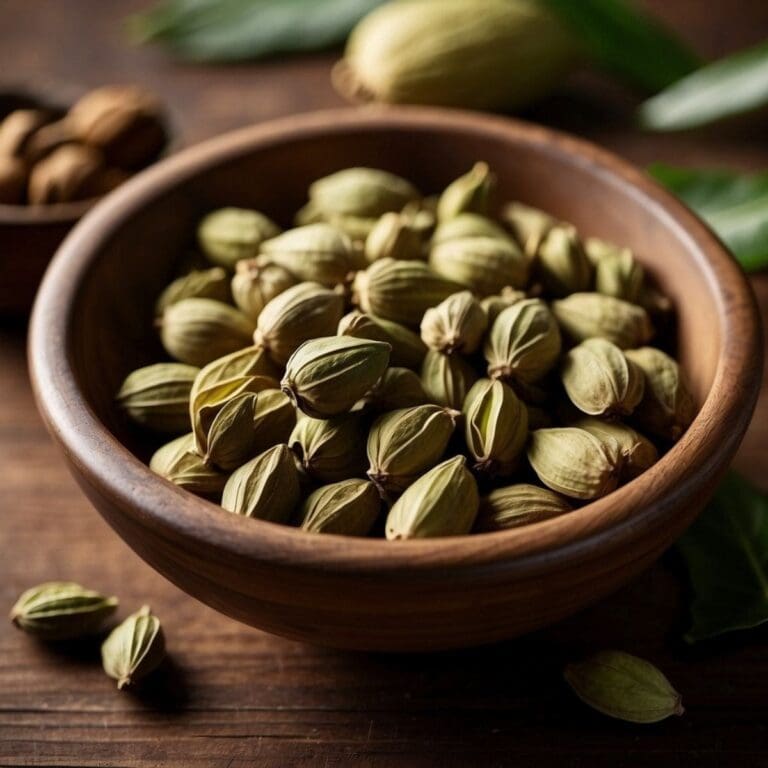 A close-up photo of a wooden bowl filled with green cardamom pods.