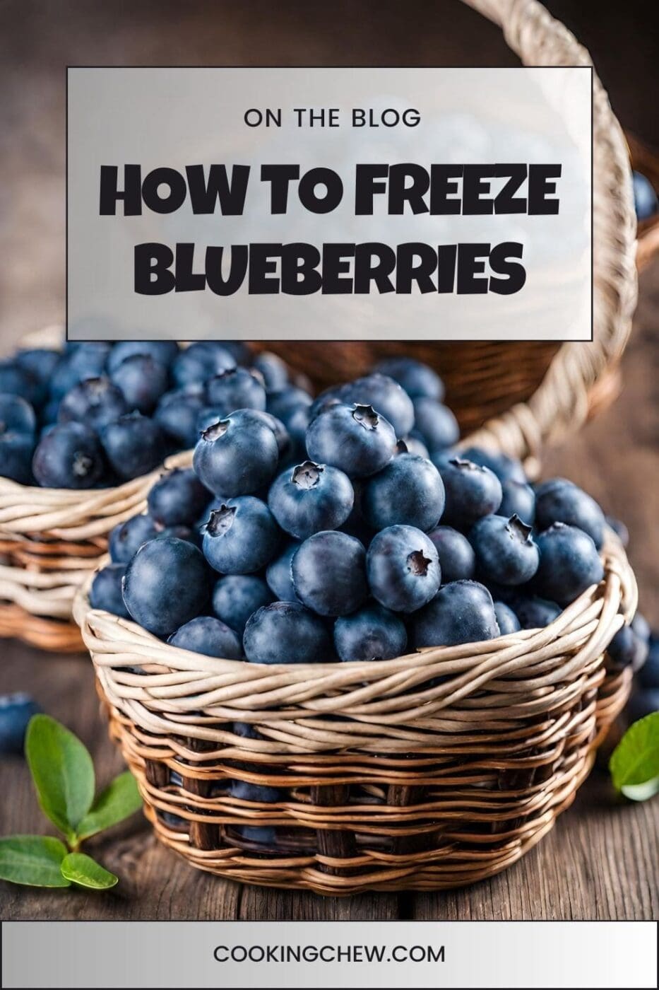 A photo of a wicker basket filled with fresh blueberries sitting on a wooden table.