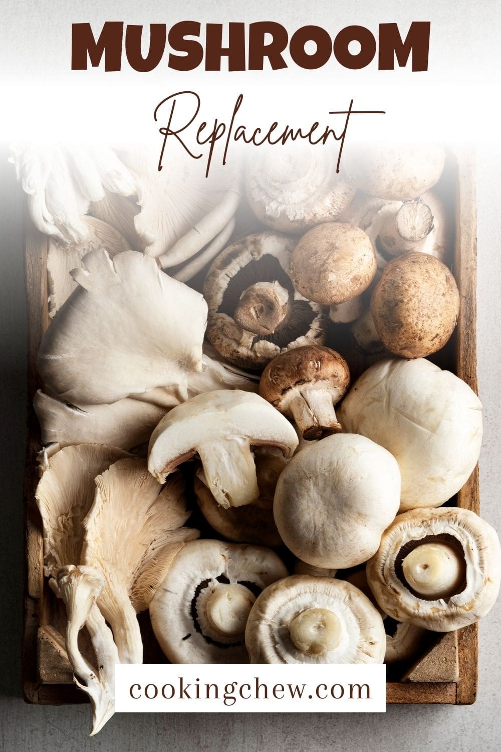 A wooden box filled with various types of mushrooms, including white button mushrooms, cremini mushrooms, portobello mushrooms, and oyster mushrooms.