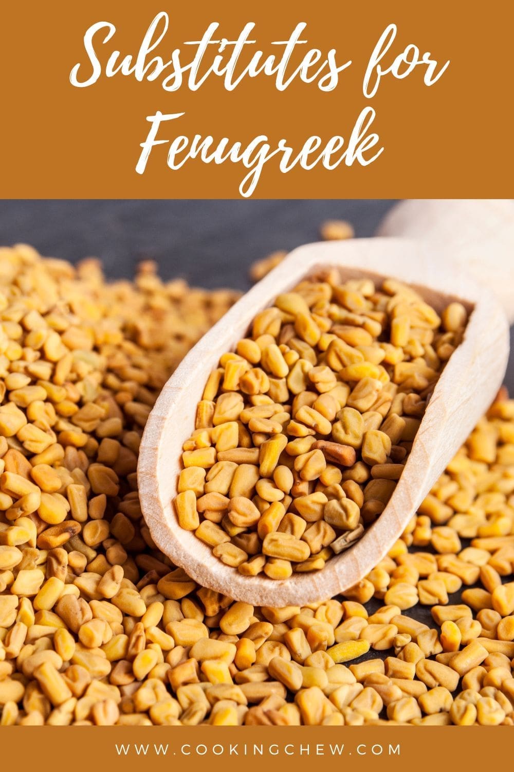 A close-up photo of a wooden scoop filled with golden fenugreek seeds.