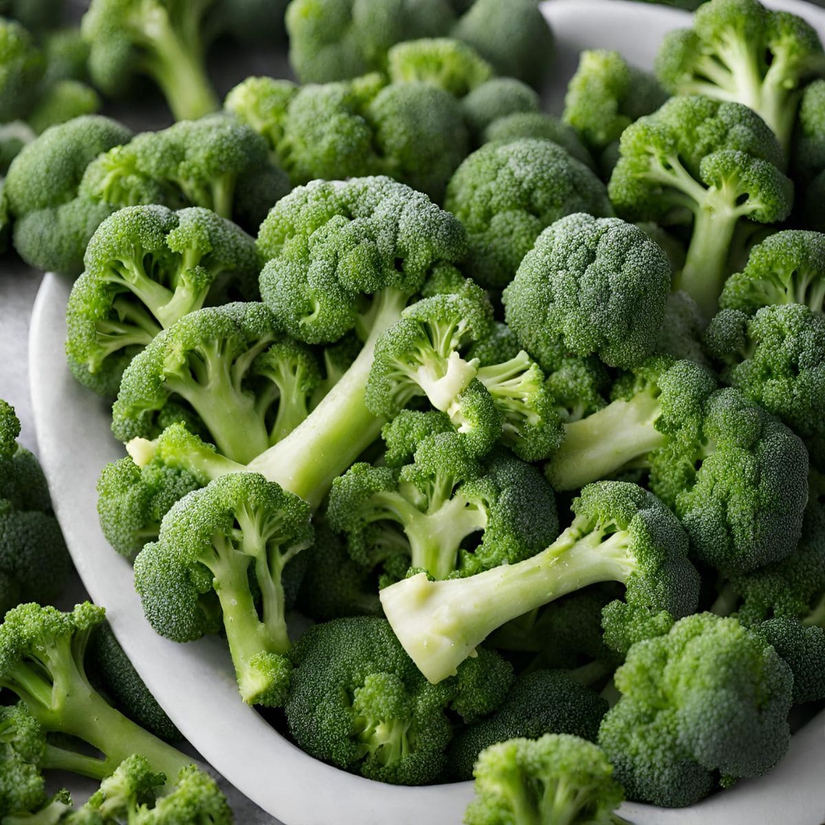 An image of a bowl of broccoli florets sitting on a wooden table.