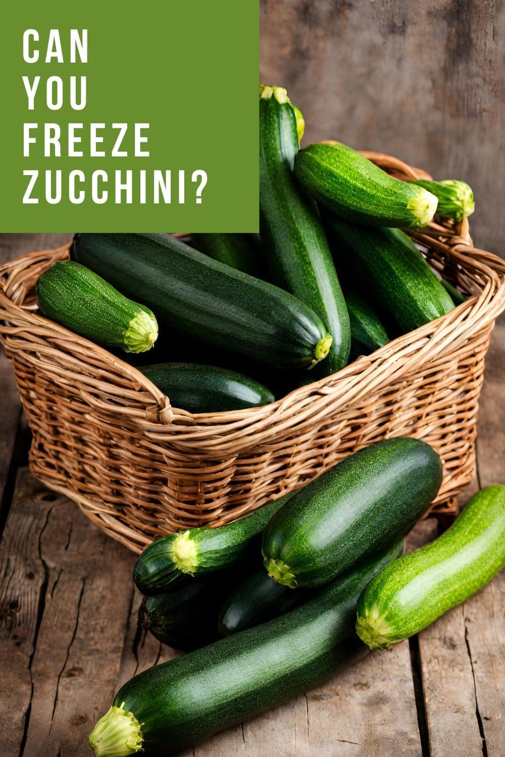 A wicker basket filled with fresh zucchini sits on a wooden table.
