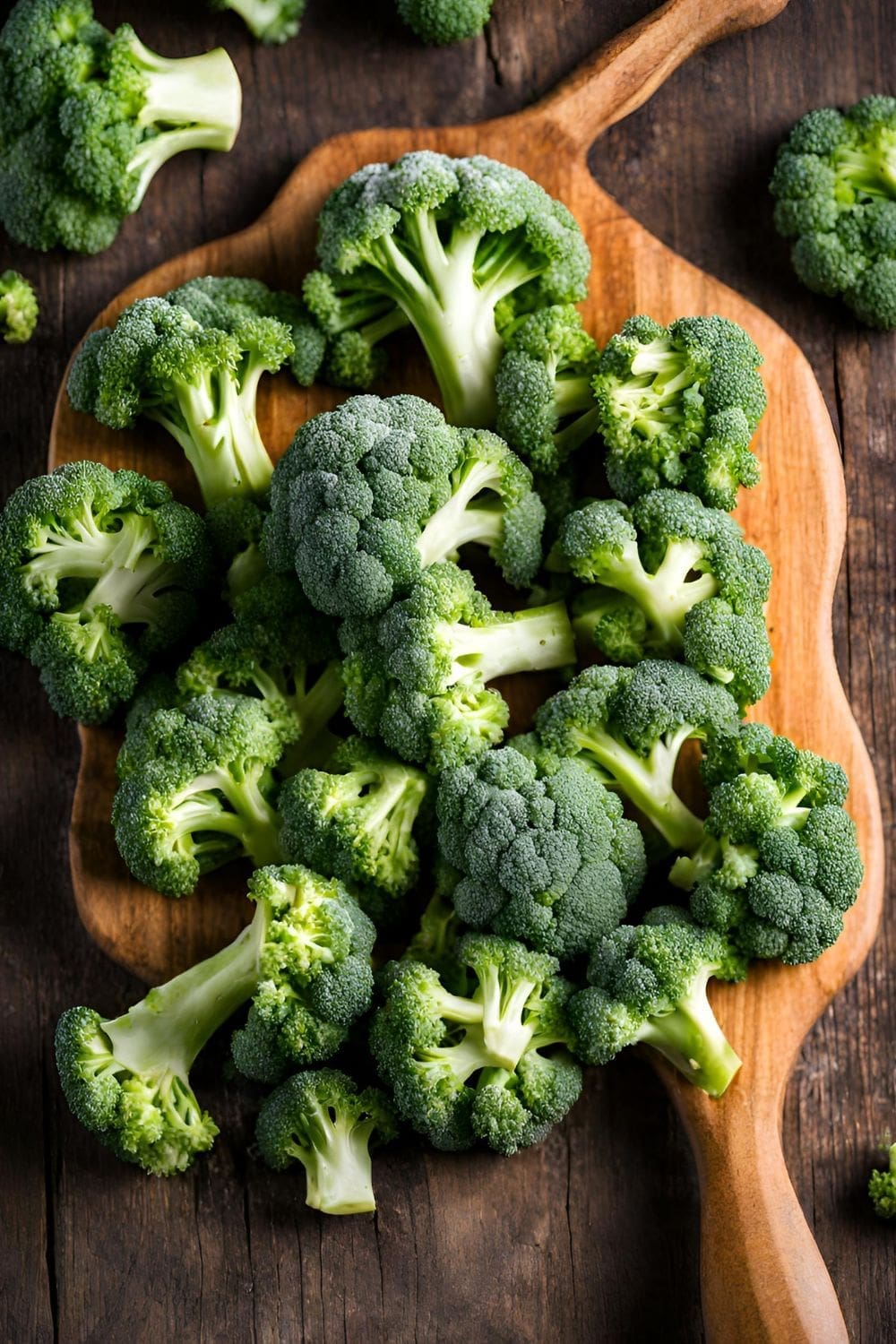 A close-up photo of a bunch of broccoli florets on a wooden cutting board. 
