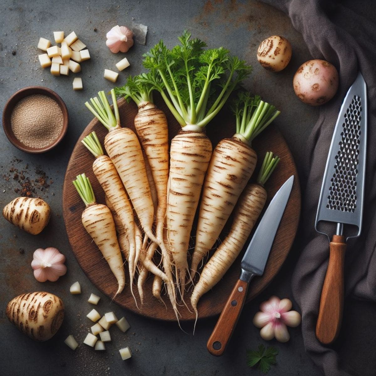 A close-up photo of a wooden cutting board topped with fresh, horseradish next to a knife and grater.
