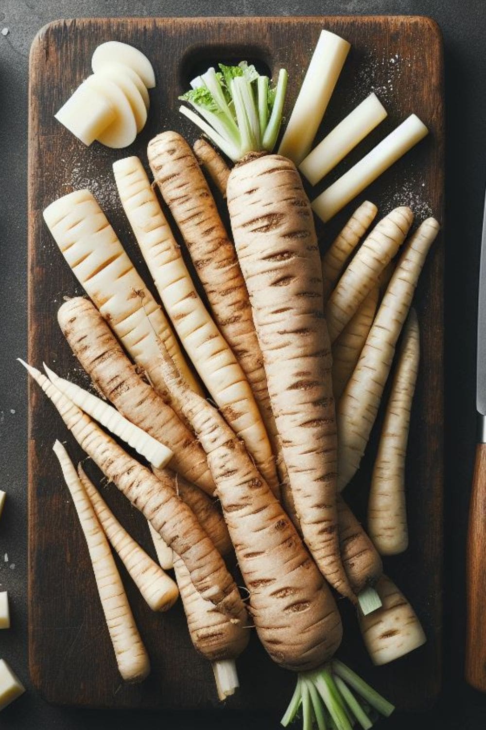 A close-up photo of a bunch of horseradish on a wooden cutting board.
