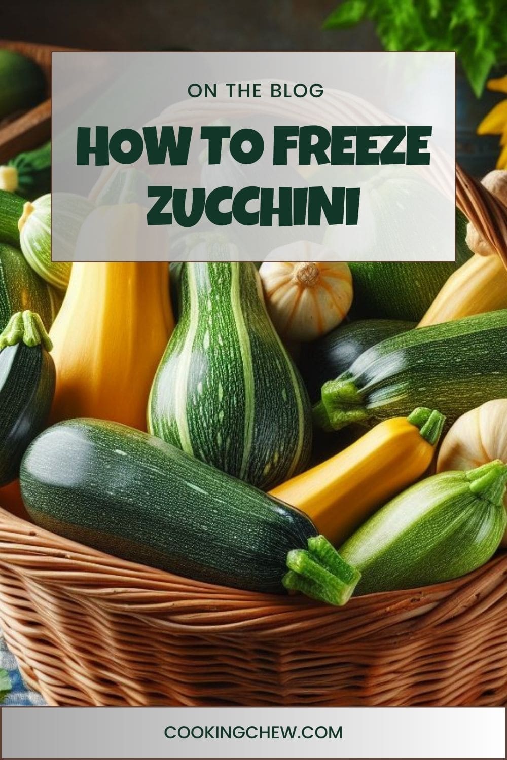 A photo of a wicker basket filled with fresh zucchini.