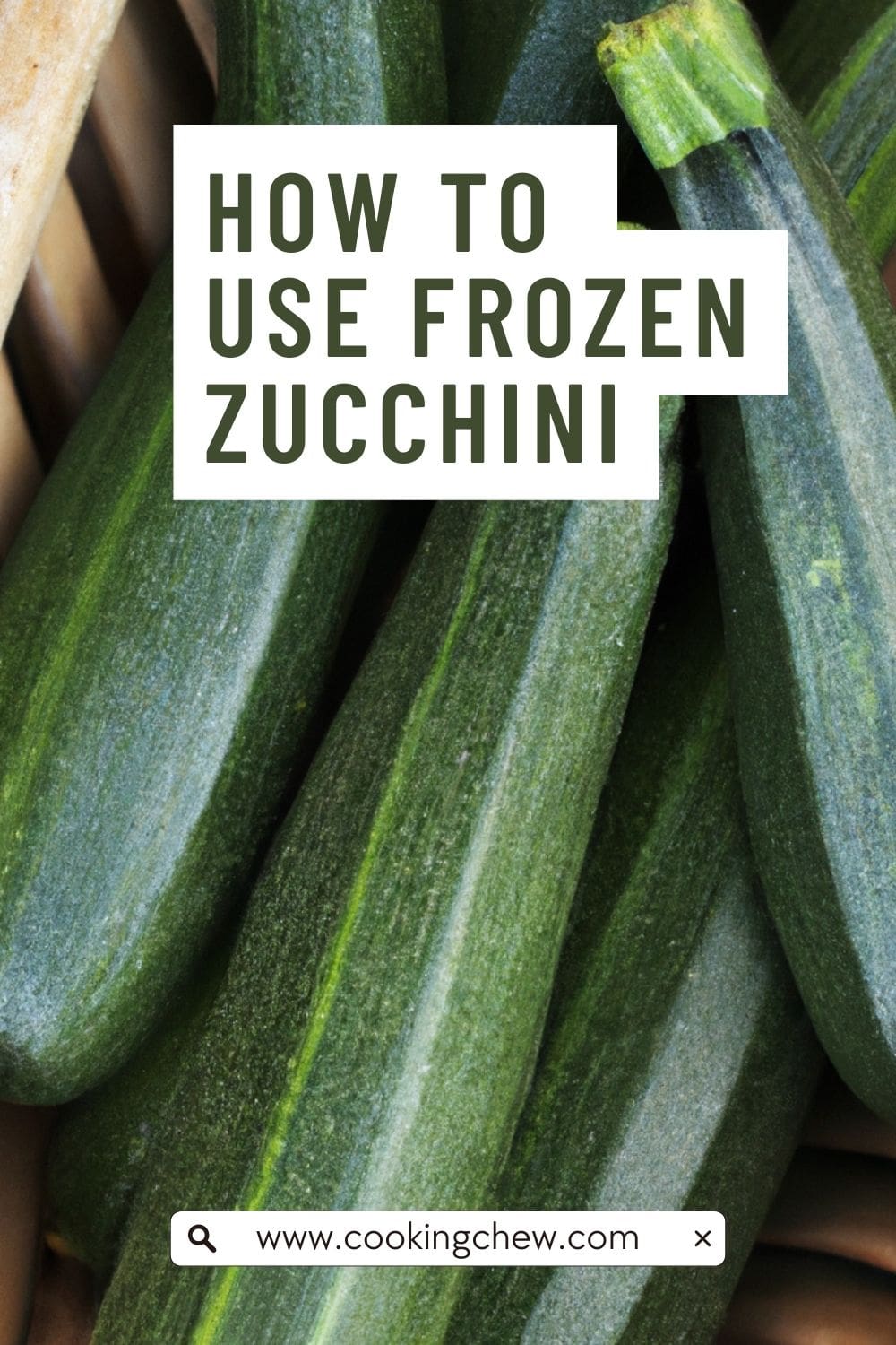 A photorealistic image of a pile of frozen zucchini slices spilling out of a wicker basket.