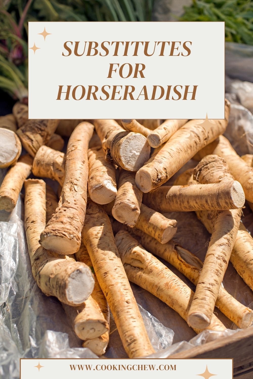 A close-up photo of a pile of horseradish roots on a wooden tray.