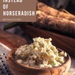 A close-up photo of a grated horseradish on a bowl.