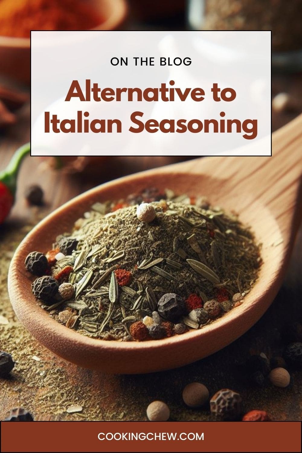 A wooden spoon filled with Italian seasoning.