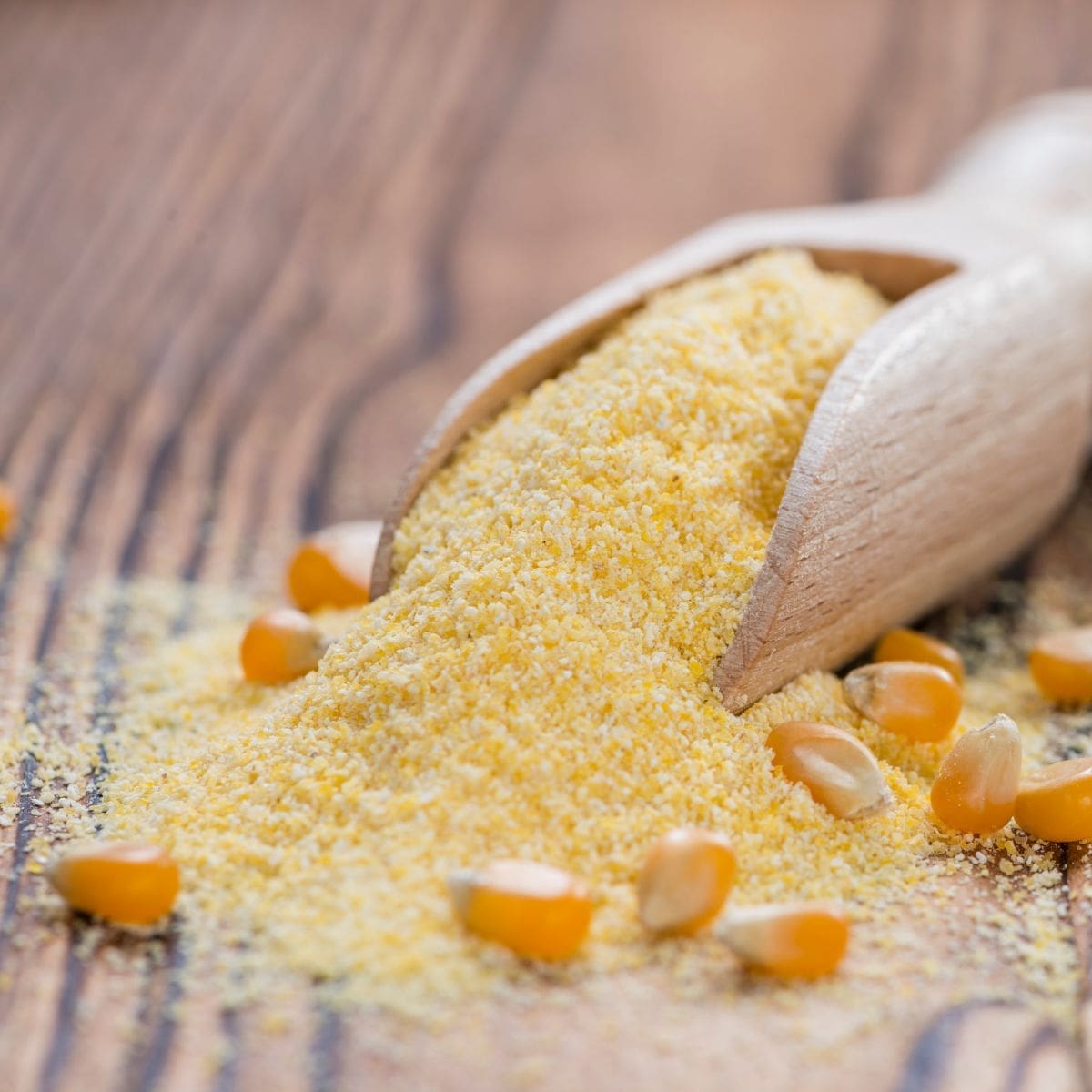 A close-up shot of a wooden scoop filled with cornmeal on a wooden table.