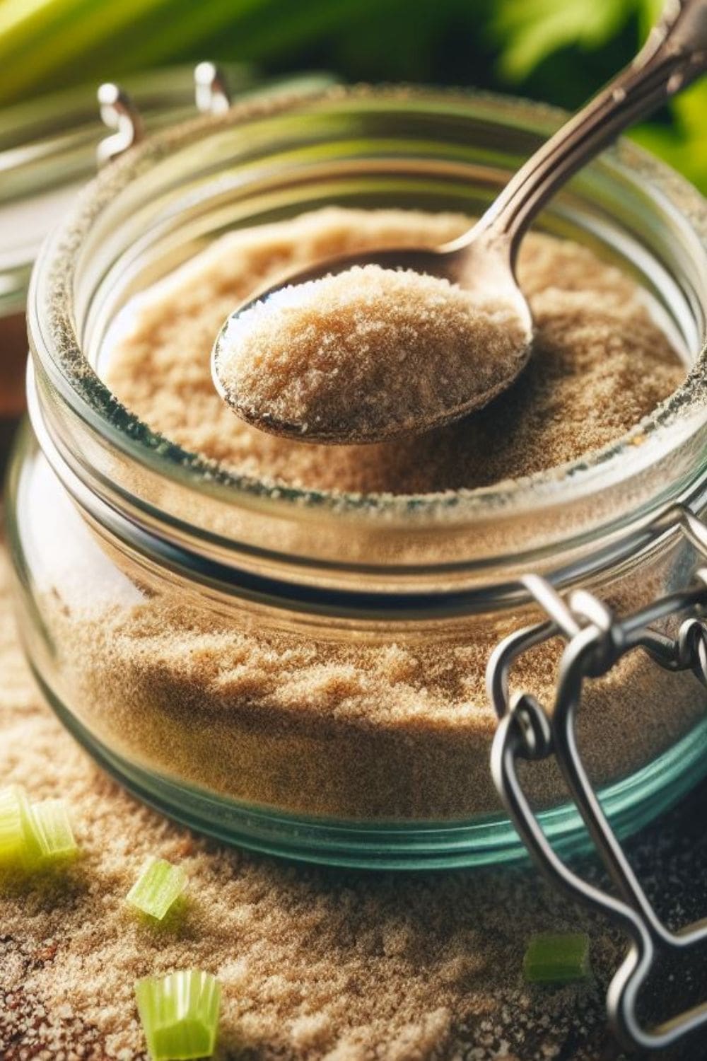 A glass jar with a metal spoon filled with powdered celery salt sits on a wooden table.
