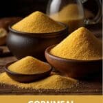 A detailed photo of a delicious and comforting dish of cornmeal served in a three bowl on a rustic wooden table.