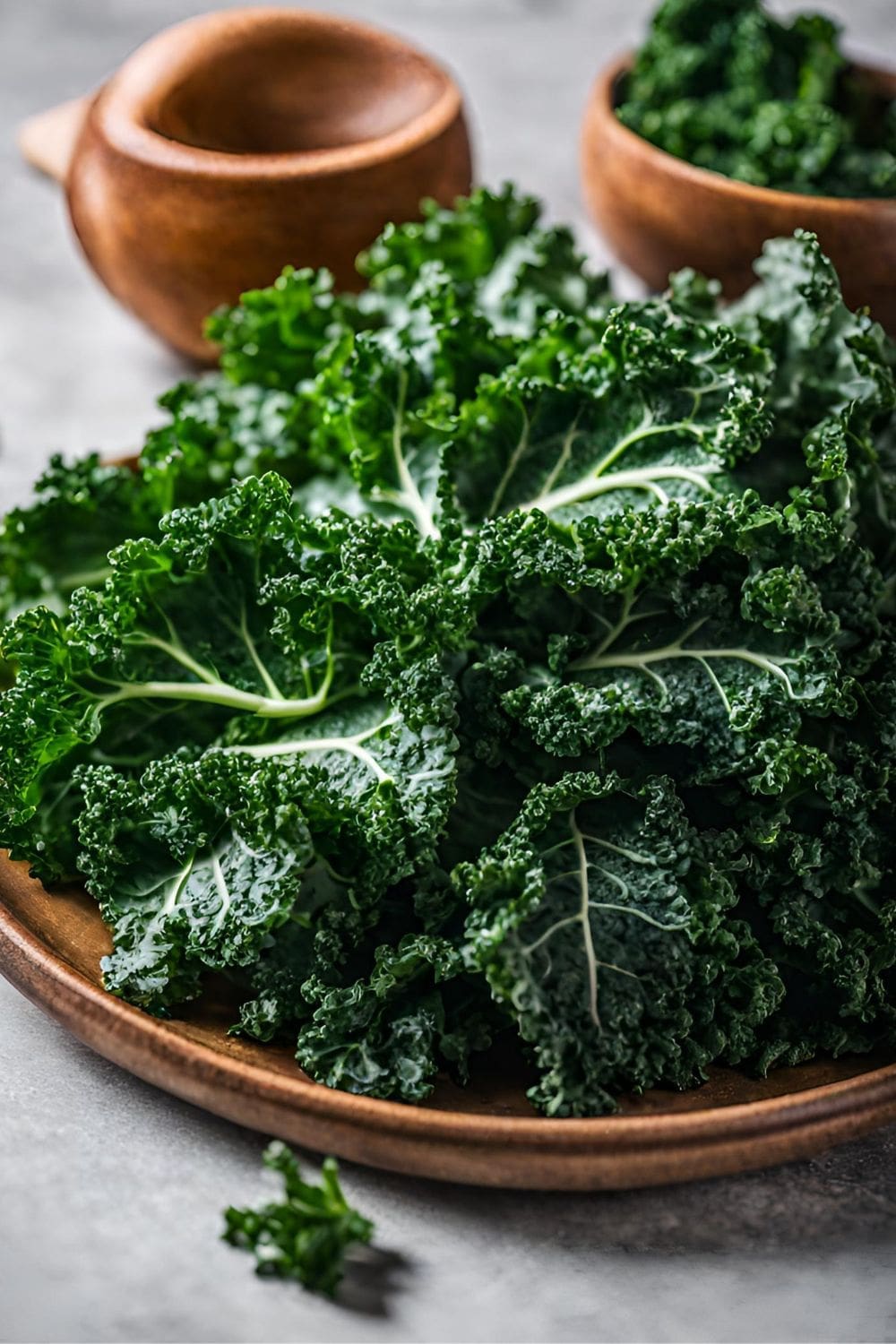 A close-up photo of a bunch of curly kale on a rustic wooden cutting board.