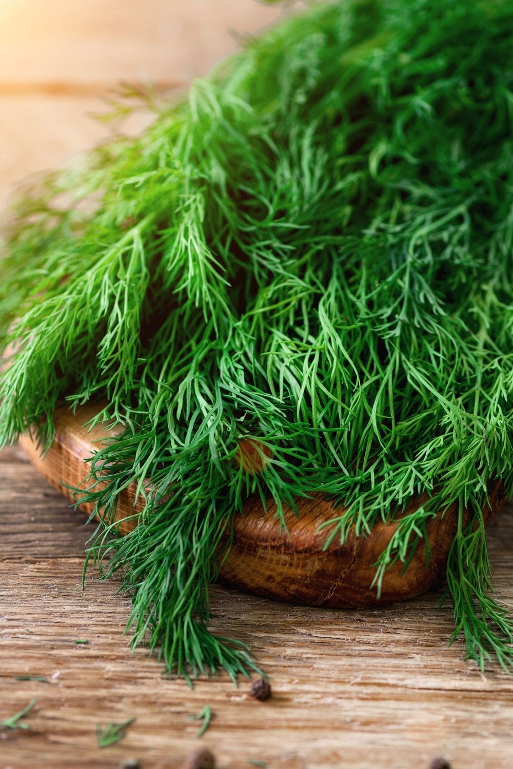 Fresh dill sprigs on a wooden cutting board, ready to be chopped for cooking.