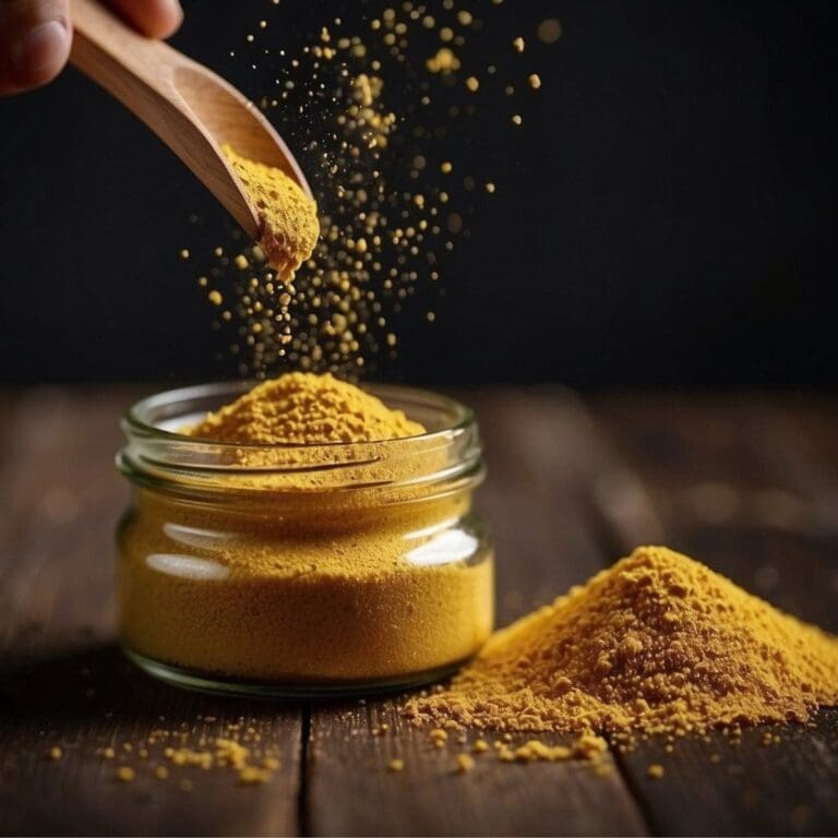 A close-up view of dry mustard being carefully measured and poured from a wooden spoon into a glass jar.