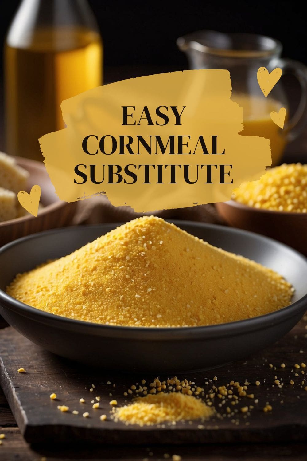 A photorealistic image of a bowl of cornmeal sitting on a wooden table.
