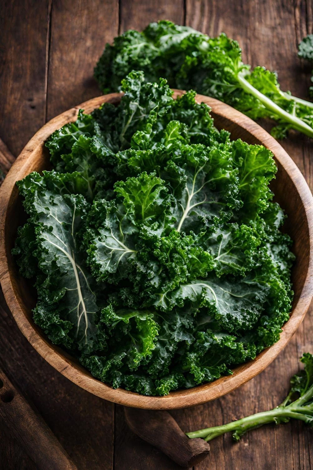 A close-up photo of curly kale leaves on a rough-hewn wooden tabletop.