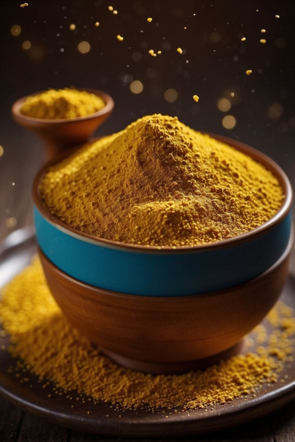 A vibrant dry mustard sits in a rustic wooden bowl.