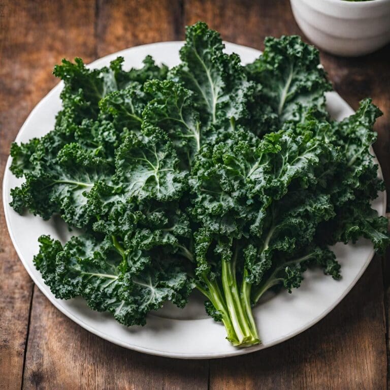 A close-up photo of a white plate on a wooden table, topped with a generous portion of curly kale leaves.