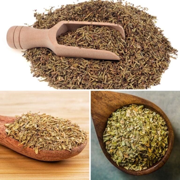 A wooden scoop with dried herbs sits next to a wooden spoon full of herbs, both resting on a table.