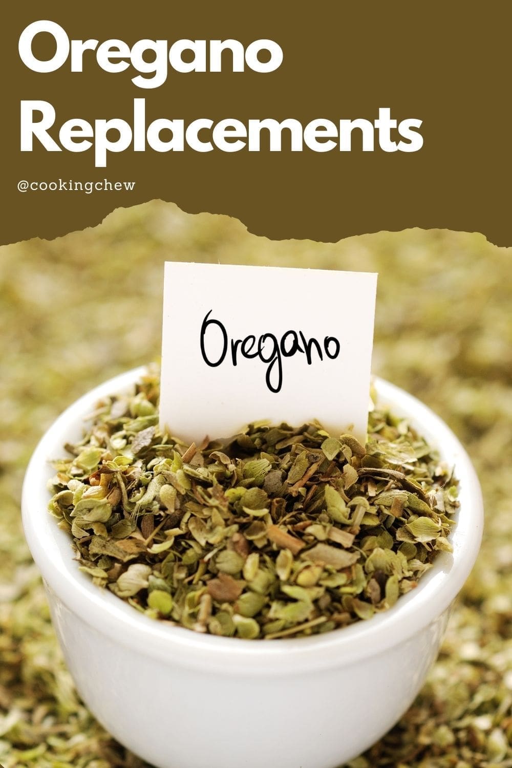 A white ceramic bowl filled with dried oregano leaves.