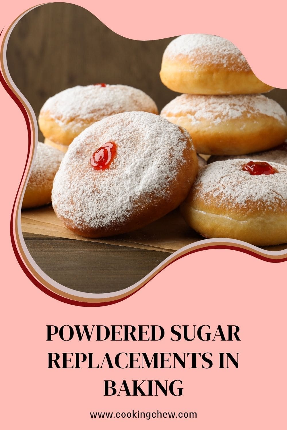 A stack of fluffy powdered sugar donuts with a generous swirl of strawberry jam in the center, sitting on a rustic wooden table.