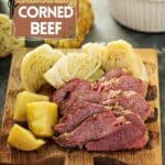 A cutting board with sliced corned beef and chopped cabbage on it.
