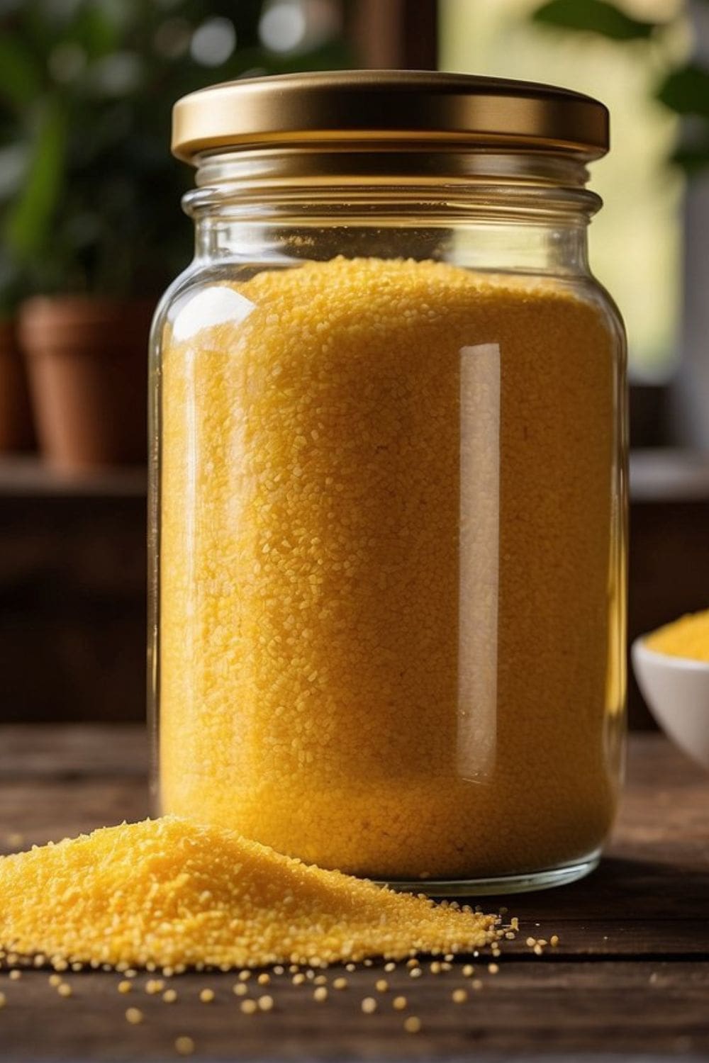 A glass jar filled with golden cornmeal sits on a rustic wooden table.