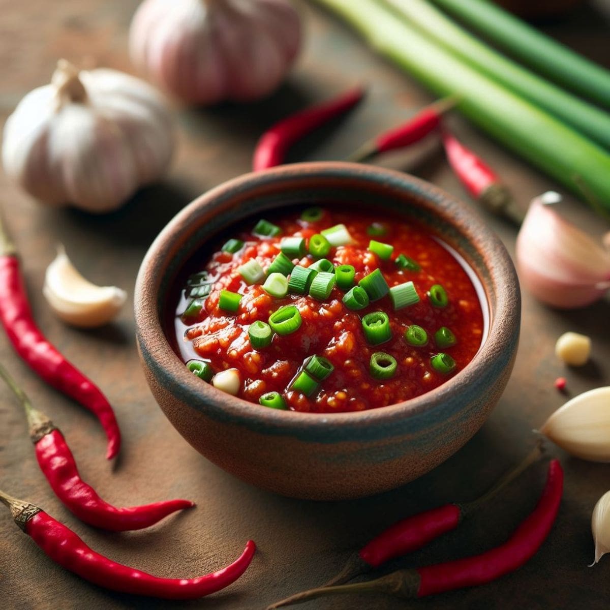 A small, ceramic bowl filled with chili sauce sits on a wooden table.