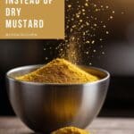 A heaping bowl of vibrant yellow dry mustard powder sits on a rustic wooden table.