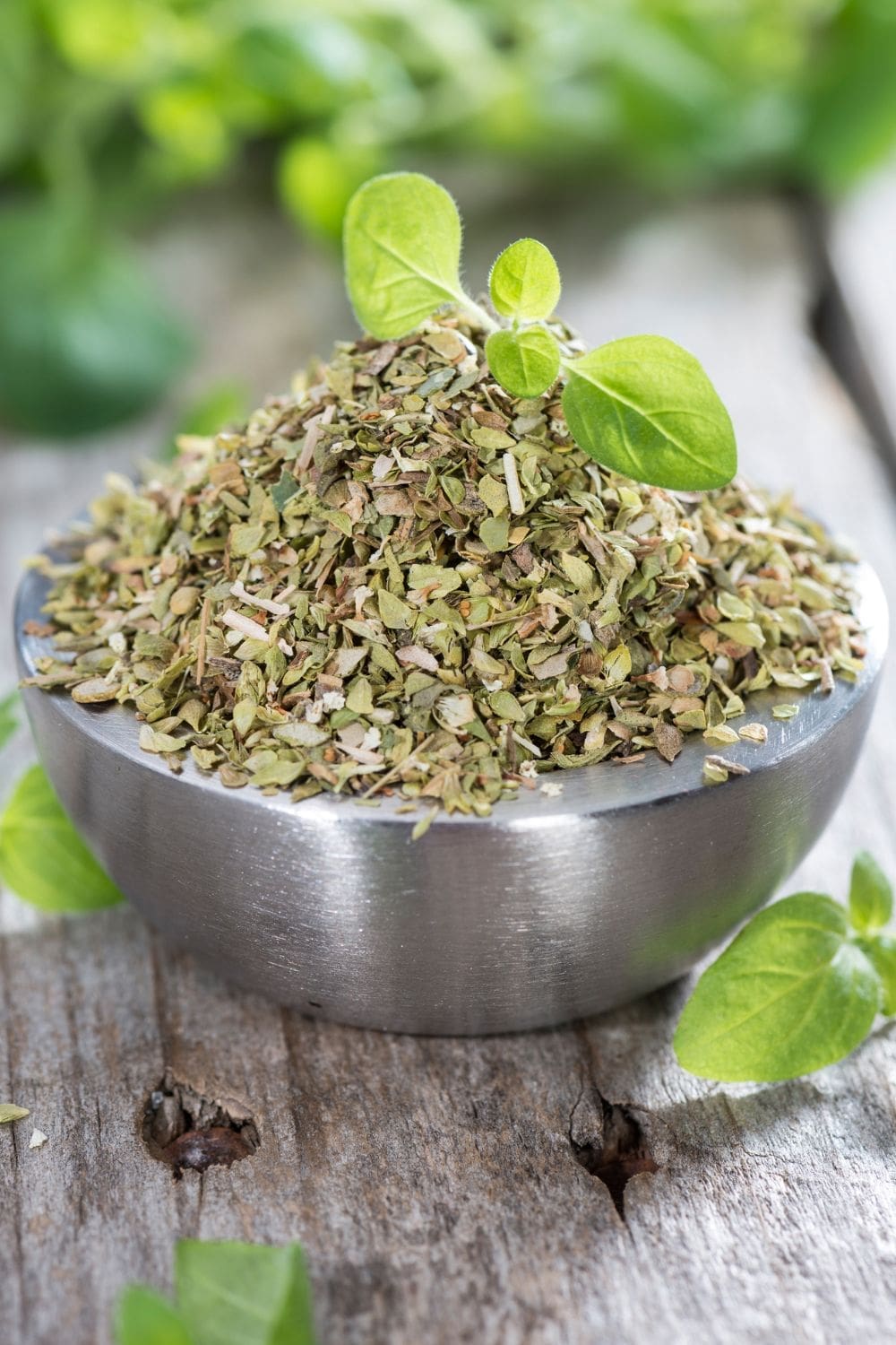 A close-up photo of a pile of dried oregano leaves in a metal bowl. 
