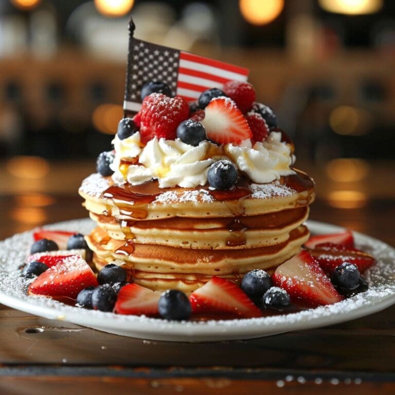 Pancake stack with blueberries and strawberries, whipped cream on top decorated in the style of American flag on top