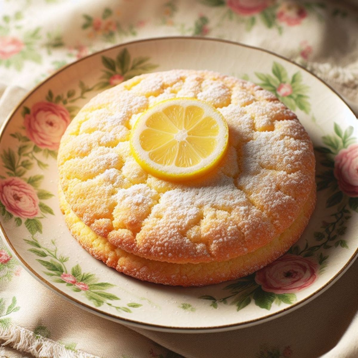 A round lemon cake on a white plate. The cake is topped with a slice of lemon.