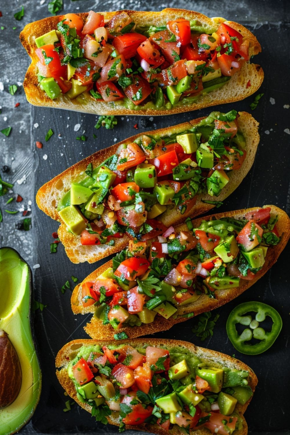 A plate of vegan avocado toast with sliced cherry tomatoes, jalapenos, and a drizzle of balsamic glaze on a wooden cutting board.