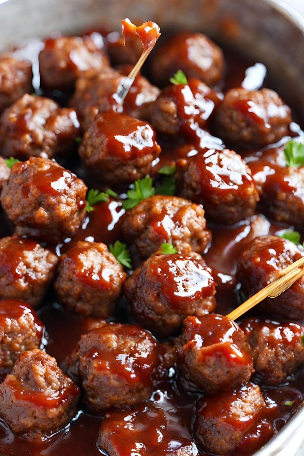 A close-up image of grape jelly bbq meatballs.