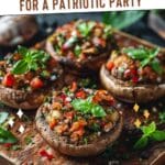 A close-up of vegan stuffed mushrooms on a wooden board.