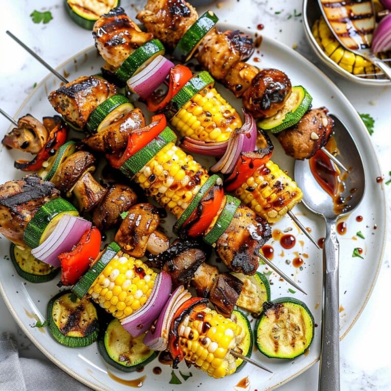 A plate of grilled vegetables on skewers including zucchini, yellow squash, red onion, and cherry tomatoes.