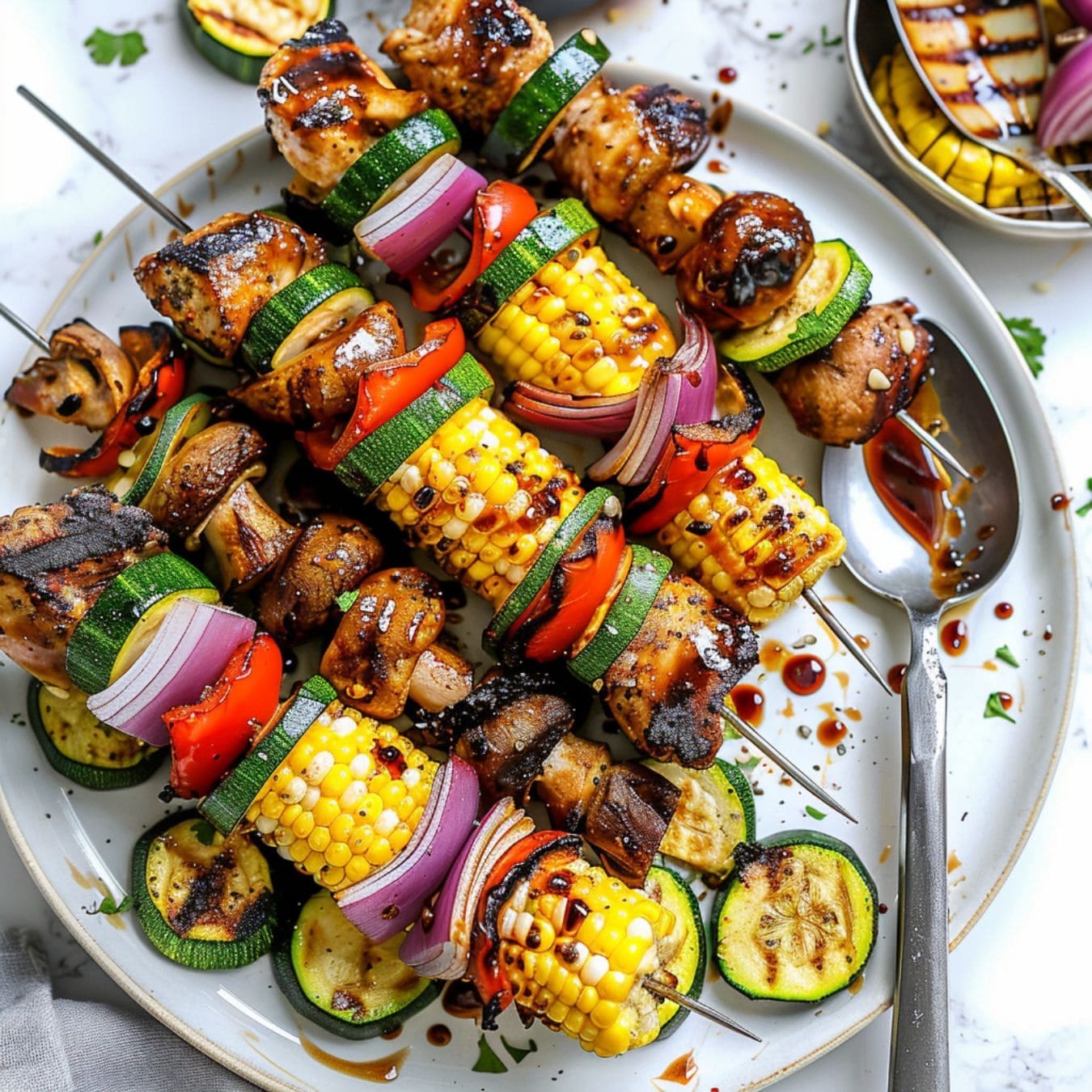 A plate of grilled vegetables on skewers including zucchini, yellow squash, red onion, and cherry tomatoes.