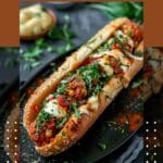 A black plate with a vegan chickpea meatballs subs.