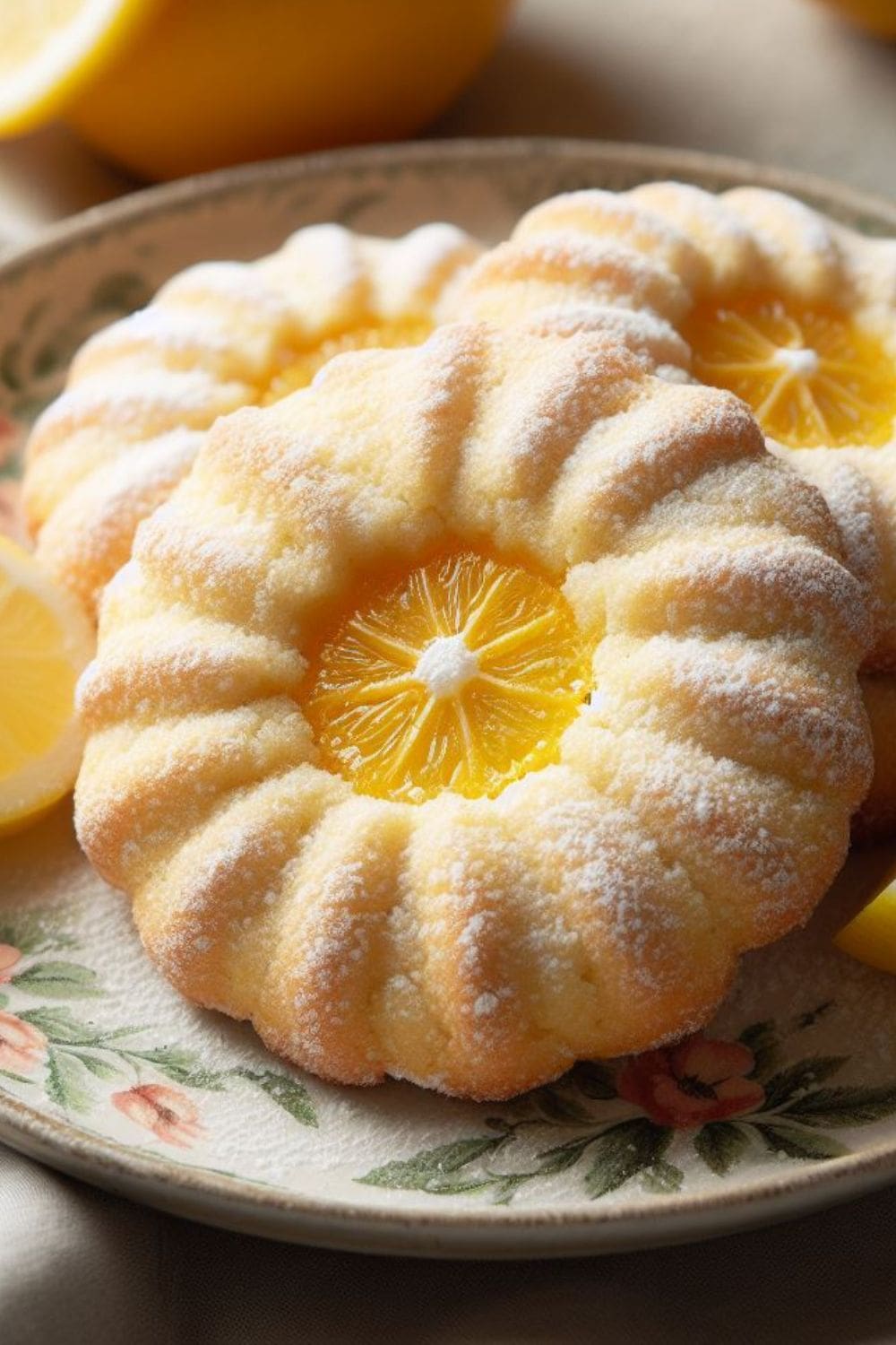 A close-up photo of a plate piled high with soft, round lemon cookies.