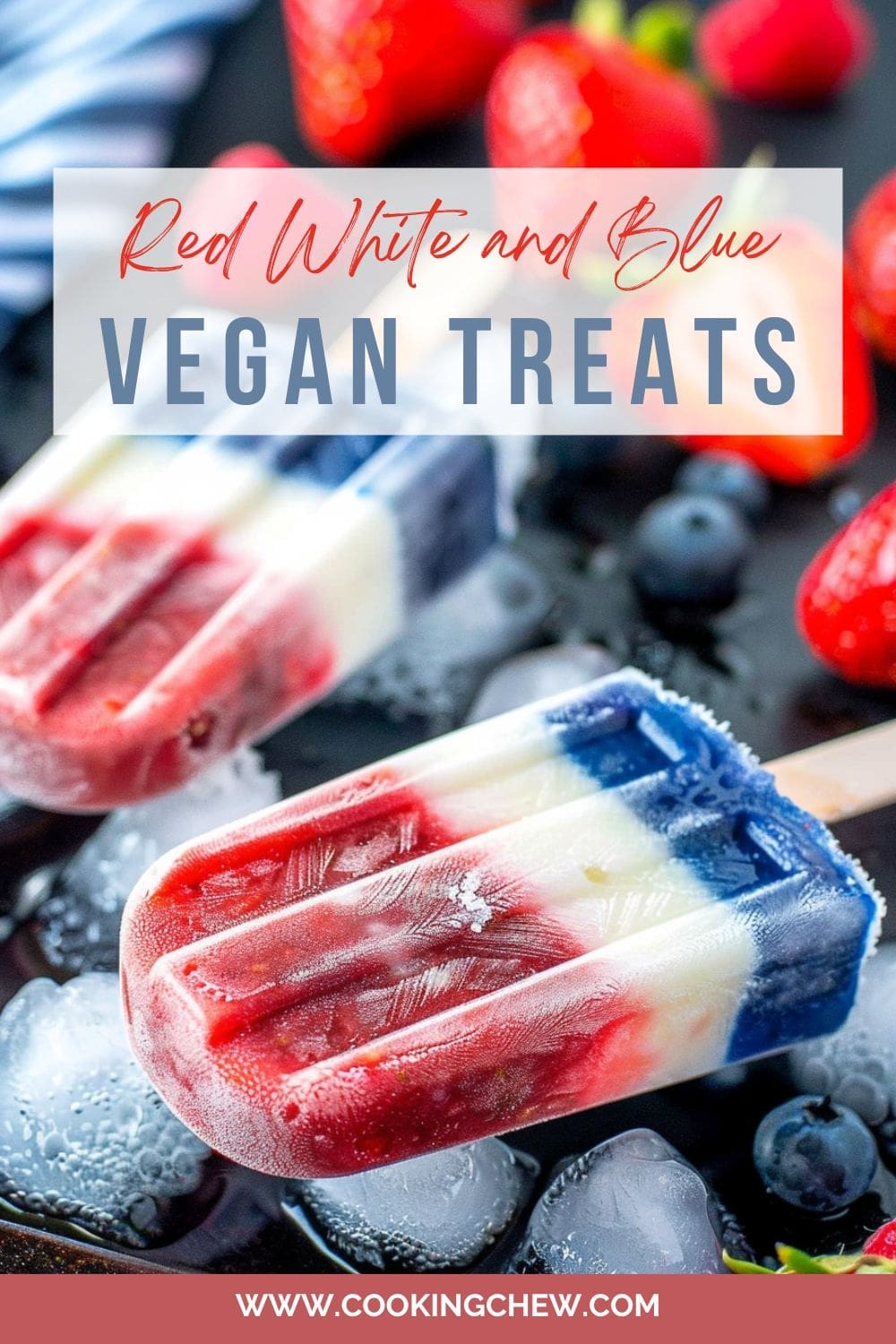 Two red, white, and blue vegan popsicles on a bed of ice with blueberries and raspberries on a wooden table. 