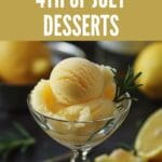 A glass filled with lemon sorbet sitting on a wooden table.