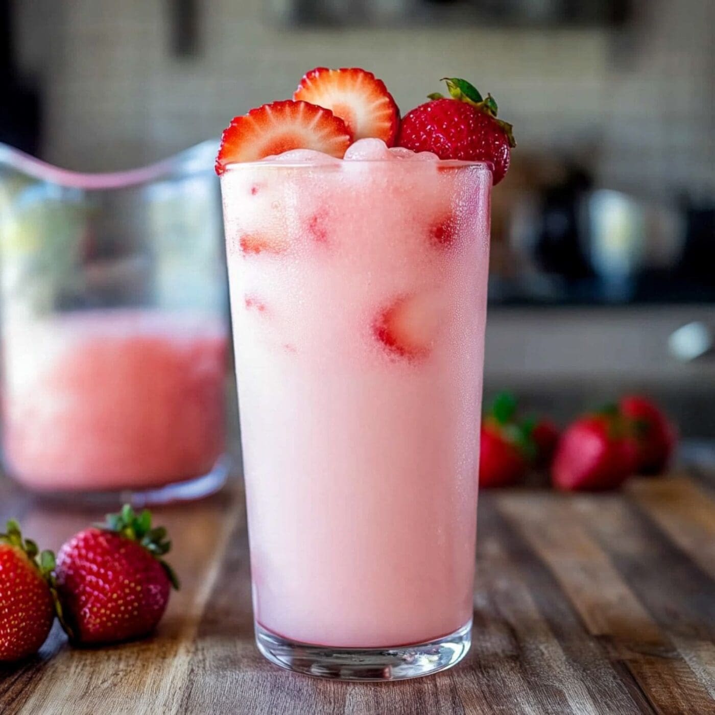 A glass of homemade Pink Drink with coconut milk and strawberries.