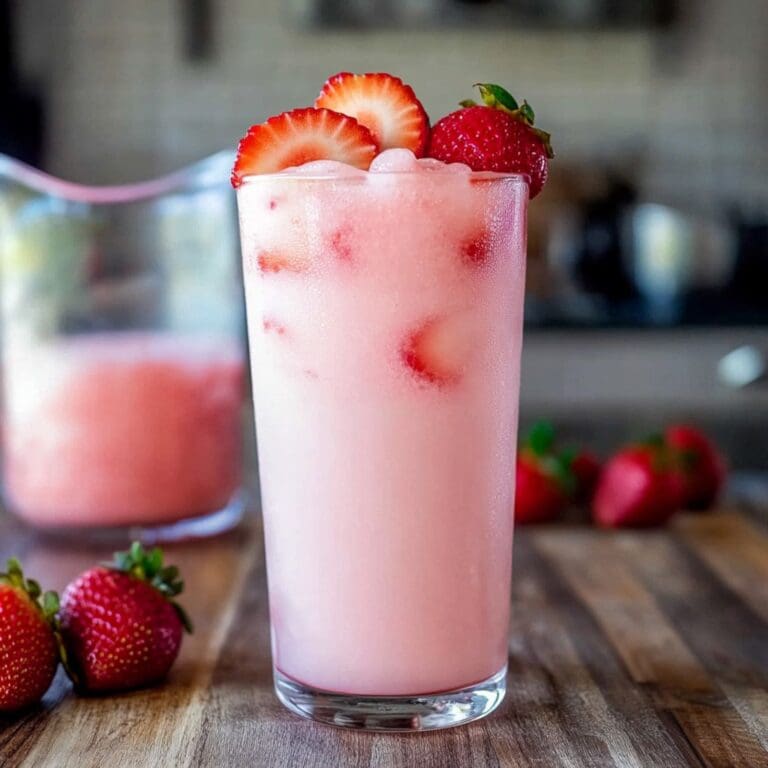 A glass of homemade Pink Drink with coconut milk and strawberries.