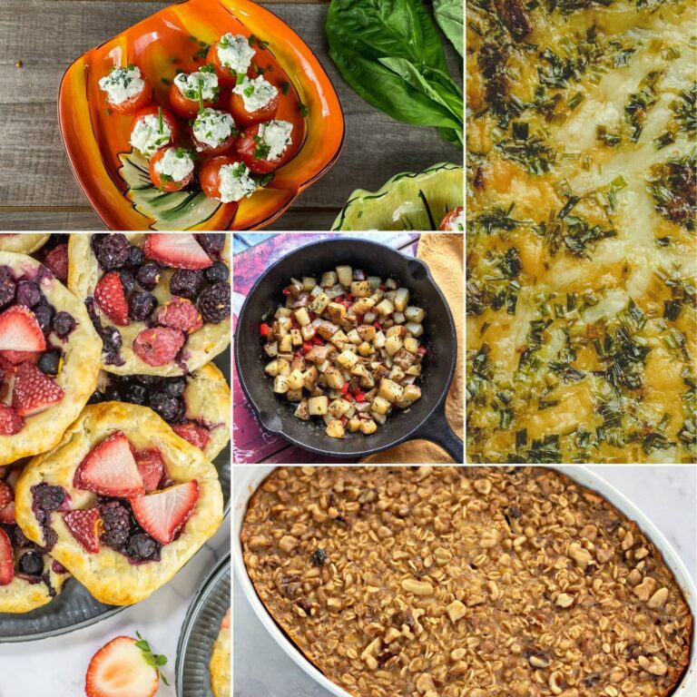 A vibrant spread of assorted 4th of July brunch dishes, including red, white, and blue food.