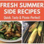 A summer spread with grilled fruit, rice salad, and skewers arranged on a wooden table.