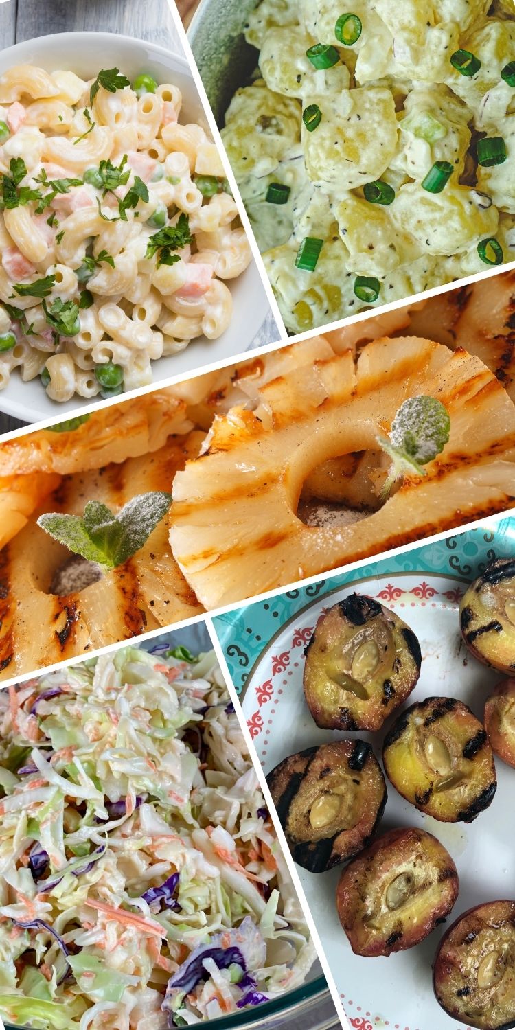 A picnic table full of vibrant summer sides, including grilled vegetables, fresh salads, and fruit bowls.