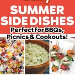 A colorful table spread with fresh summer side dishes like grilled corn, tomato salad, and fruit skewers.